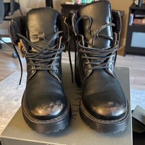 All Saints Shearling Lined Black Lace-Up Leather Combat Boots Winter Size 9 (42)